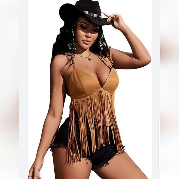 Verdusa Women's Fringe V Neck Suede Halter Top new with tags size Medium - Picture 1 of 11